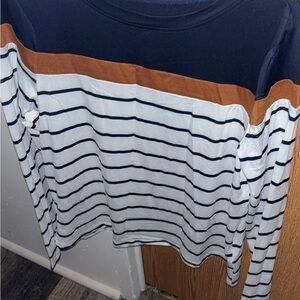 Striped Long Sleeve Shirt in Navy, White, and Brown